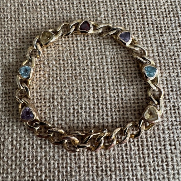 Cuban Link Heart Gold Vermeil Sterling Silver Multi-Stone Heart Link Bracelet - Picture 1 of 6